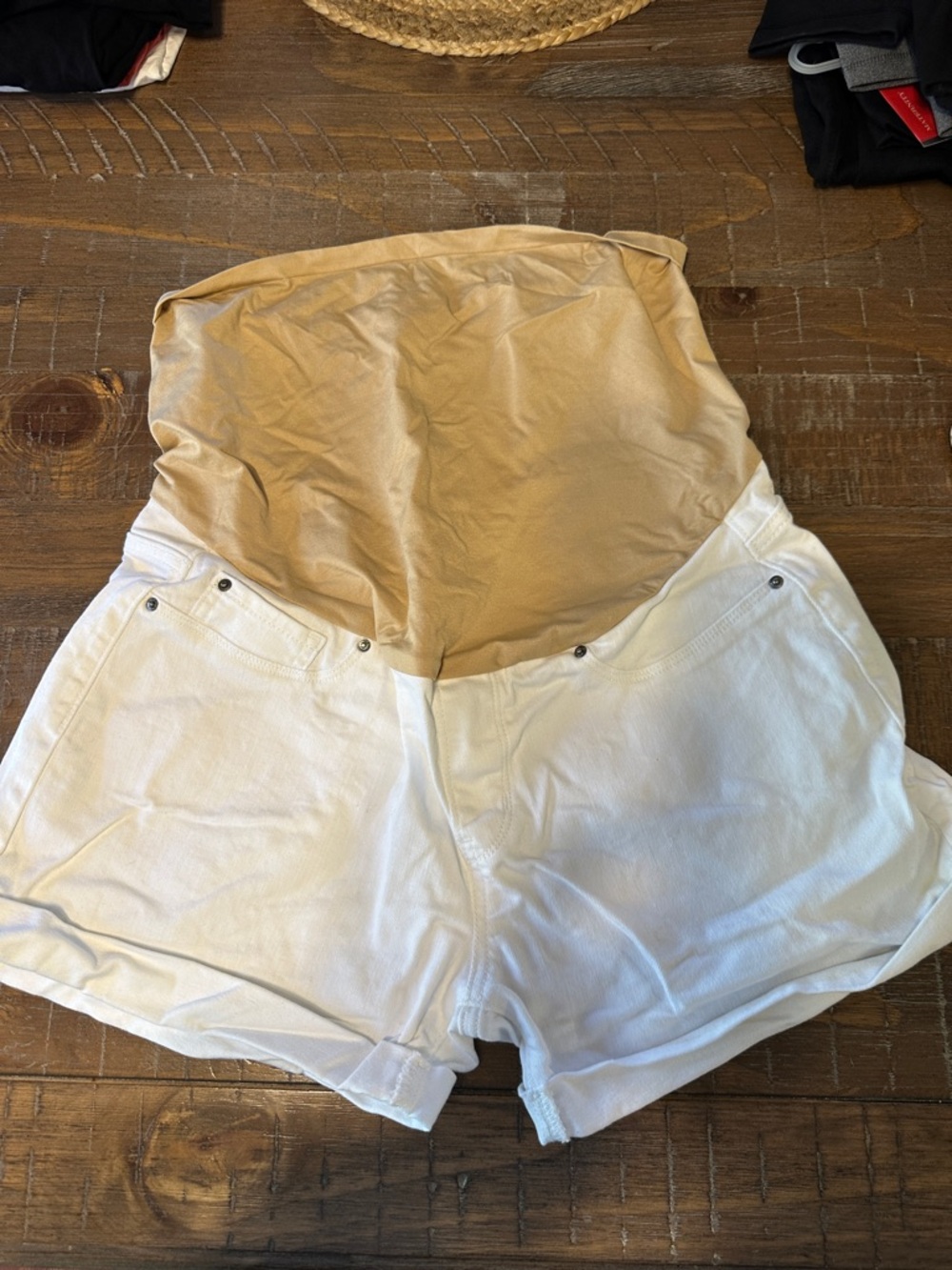 Maternity White Denim Shorts with Tan Support Overband